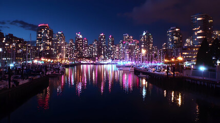 Obraz premium Vibrant City Skyline Reflection at Night with Colorful Lights