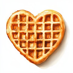 Heart-Shaped Waffle Watercolor Illustration, A charming watercolor painting of a golden, heart-shaped waffle with crisp texture and warm tones, perfect for breakfast-themed designs.

