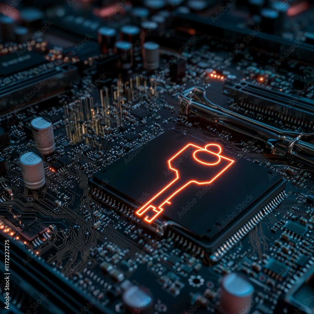 Poster glowing key icon on circuit board digital security and access concept