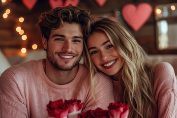 A couple embraces tenderly, surrounded by vibrant roses and a charming heart-shaped garland, capturing the essence of love and romance on Valentine's Day.