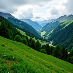 Fototapeta premium Misty mountains with lush green valleys under grey skies, cloudy, overcast