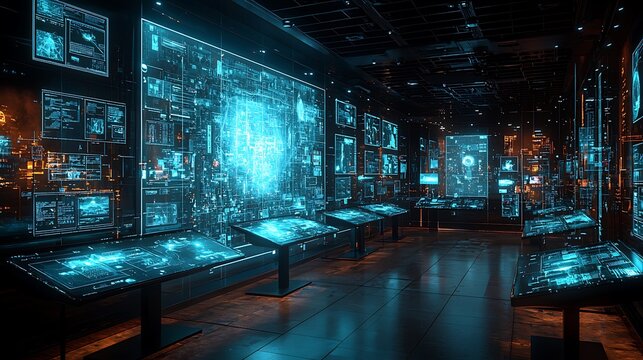 Futuristic control center with holographic displays showing data streams and network information.