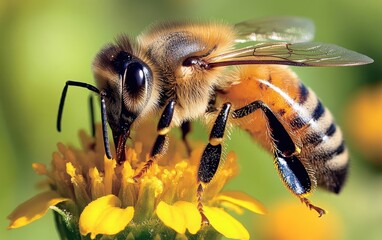 Fototapeta premium A honeybee on a flower, gathering nectar, set against a soft green background, symbolizing nature and pollination 