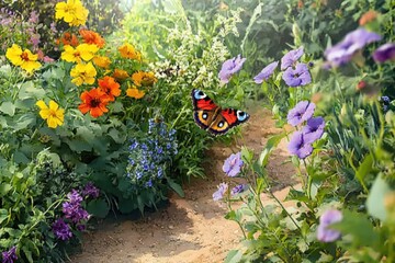 Verwilderter Garten mit Schmetterling auf Blume