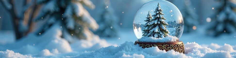Ornate crystal snow globe with snow-covered trees, icy environment, snowy scenery, clear glass