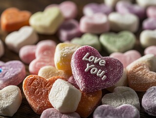 Naklejka premium Colorful Heart-Shaped Valentine's Day Candies with Messages in Soft Light, Close-Up