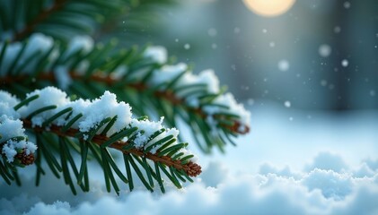 White snowflakes settle on a bed of pine needles softly, delicate, pine