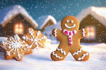 Cute smiling gingerbread man or woman with decorated gingerbread cookie in snow landscape - Christmas background - Greeting card - Xmas card - Advent time