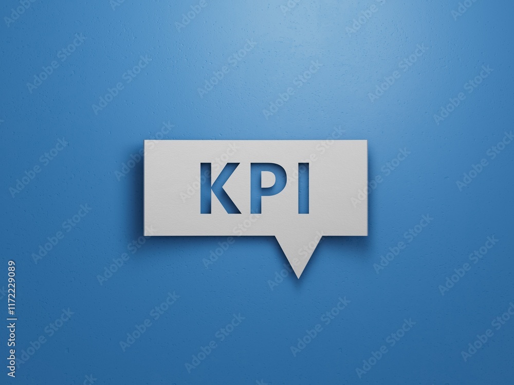 Poster kpi concept on speech bubble.minimalist abstract design with white cut out paper.3d rendering on blu