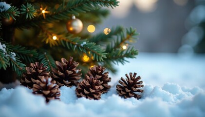 Winter pinecones under festive Christmas tree, christmas tree, festive