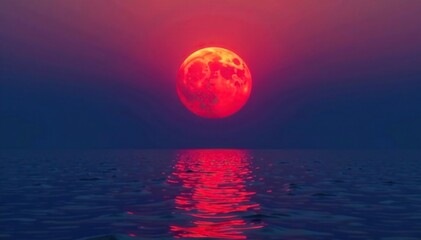 Red full moon rises above the horizon of a calm sea, natural, sky, calm