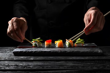 Male hands holding sushi on black wooden table, closeup. Japanese cuisine