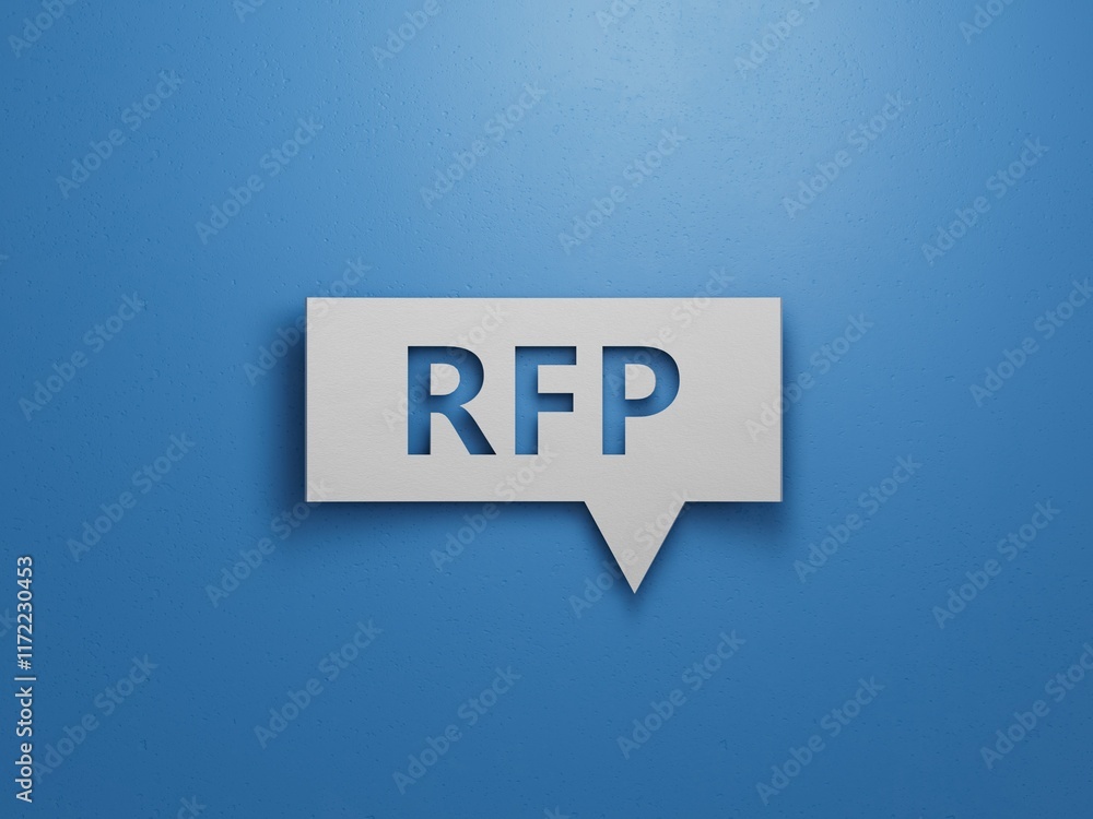 Poster lettering rfp on speech bubble.minimalist abstract design with white cut out paper.3d rendering on b