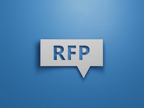 Lettering rfp on Speech Bubble.Minimalist Abstract Design With White Cut Out Paper.3D rendering on blue background.