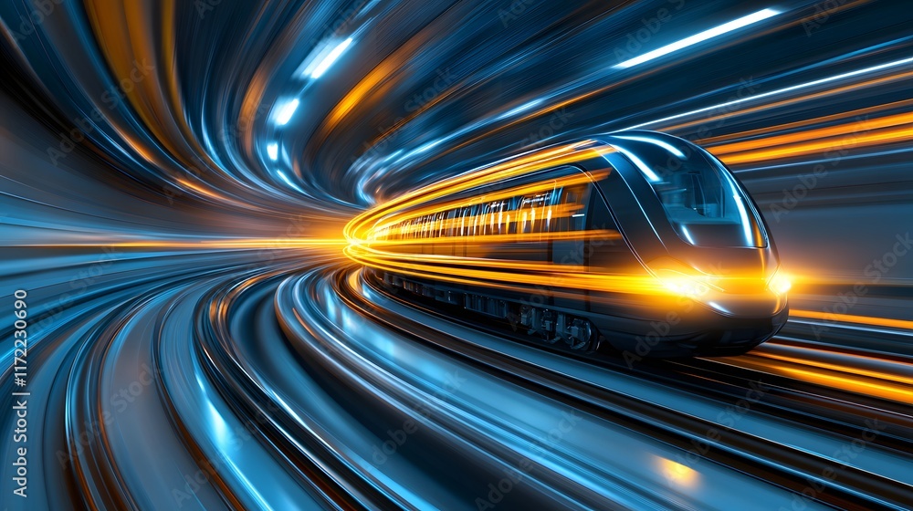 Poster dynamic high-speed train in motion with blurred lights, creating a sense of speed and energy in an u