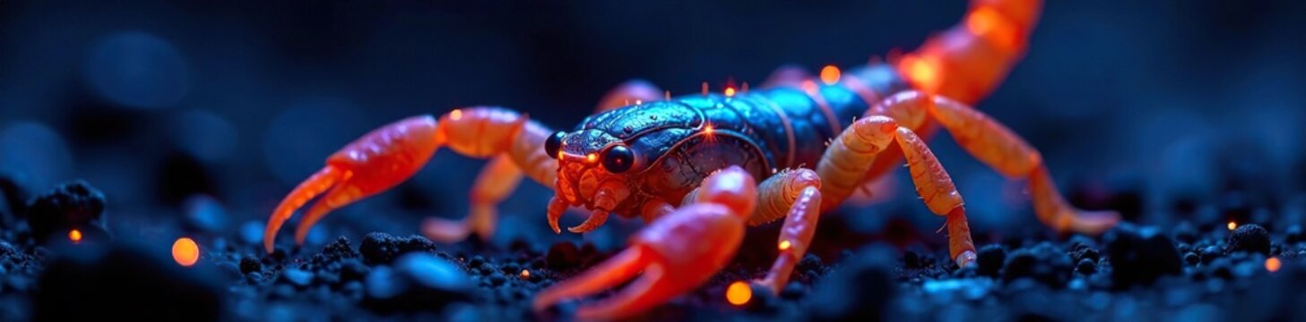 Scorpion Buthus occitanus glowing in the dark with UV light, bioluminescence, reptile