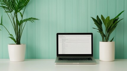 Fototapeta premium Virtual offices rely on workspace tools. Laptop on a desk with green walls and indoor plants.