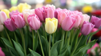 Fototapeta premium A vibrant vase brimming with an enchanting array of tulips, showcasing a kaleidoscope of colors that celebrates love and beauty on Valentine's Day.