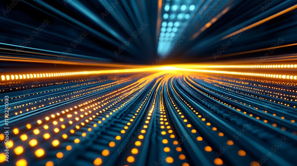 Poster dynamic flow of light and color behind a futuristic network grid representing speed, technology, and