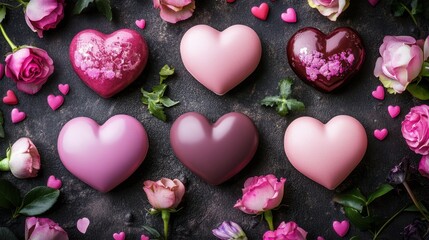 Obraz premium A romantic arrangement of delicate pink hearts and vibrant roses rests elegantly on a sleek black surface, celebrating love's enchanting beauty.