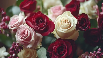 Obraz premium A vibrant bouquet of roses in various colors, symbolizing love and affection, perfect for celebrating Valentine's Day with romantic flair.
