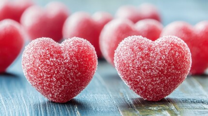 Obraz premium A cascade of vibrant red hearts adorns a table, symbolizing love and affection, creating a romantic atmosphere for Valentine's Day celebrations.