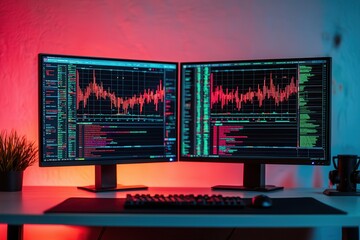 Virtual offices rely on workspace tools. Dual monitors displaying financial data and analytics in vibrant colors.