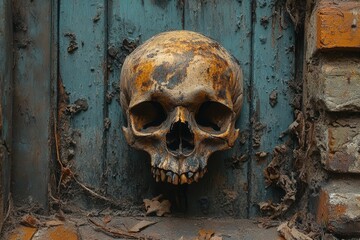 intriguing skull positioned against a rugged brick wall with a wooden door behind it combining elements of mystery and vintage texture in a striking composition