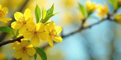 Yellow flowers blooming in a deciduous tree's branches, spring, yellow, foliage