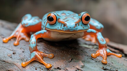 Fototapeta premium Vibrant Blue and Orange Frog on Wood