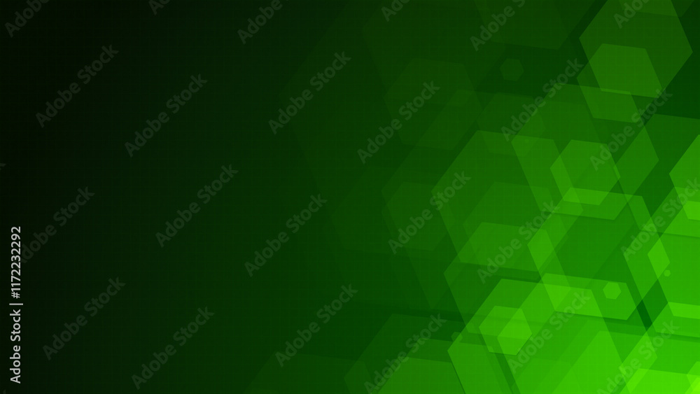 Poster green hexagon shapes are moving from the bottom right of a gradient grid abstract background, horizo