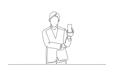 Man holding smartphone in continuous one line drawing. Single line art illustration of businessman holding phone. Editable vector.