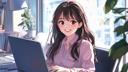Smiling woman working on laptop at office desk.