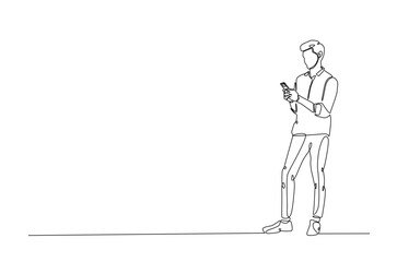 Man holding smartphone in continuous one line drawing. Single line art illustration of businessman holding phone. Editable vector.