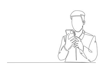 Man holding smartphone in continuous one line drawing. Single line art illustration of businessman holding phone. Editable vector.
