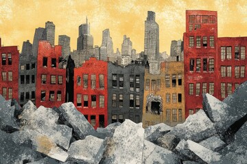 Urban Decay Cityscape Showing Ruined Buildings and Debris