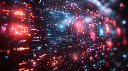 Fototapeta premium Abstract futuristic holographic interface with floating geometric icons and glowing lines in blue and purple light, set against a dark digital void, symbolizing future technology and virtual interact