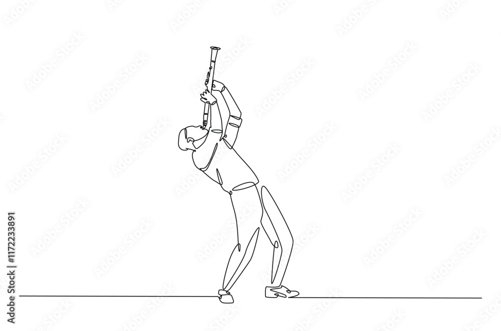 Poster clarinet player in continuous one line drawing. single line art illustration of man holding clarinet