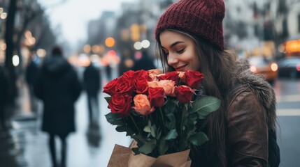A woman stands on a bustling city street, gracefully holding a vibrant bouquet of roses, radiating love and joy on Valentine's Day.