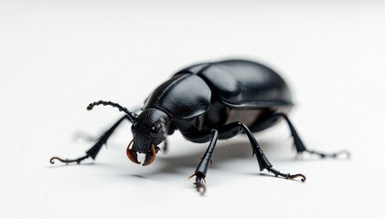Stag beetle's shiny black body on white background with a slight focus blur, insects, blur