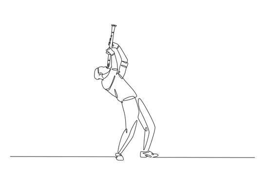 Clarinet player in continuous one line drawing. Single line art illustration of man holding clarinet music instrument. Editable vector.