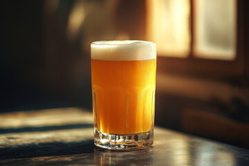 Glass of beer on table with foam spilling over the brim. Background shows cozy pub atmosphere.