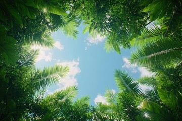 Obraz premium Lush tropical foliage surrounds a vibrant blue sky, sunlit leaves create a frame. Perfect for travel, nature, or summer themed projects, evoking feelings of serenity and escape.