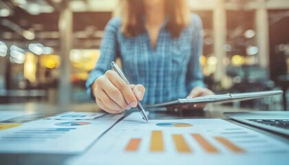 Woman reviewing charts, office, laptop, sunlight