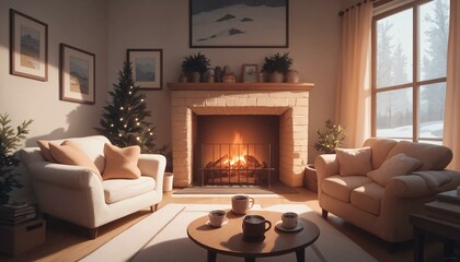 Fototapeta premium Cozy living room with a fireplace, a cup of hot chocolate, and snow falling outside.