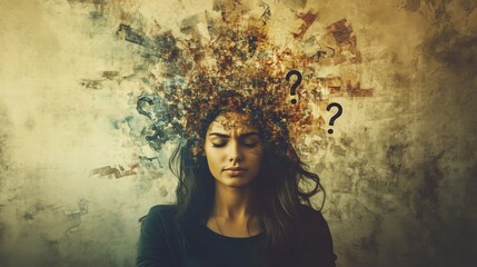 A woman with a chaotic mind, symbolizing confusion and introspection.