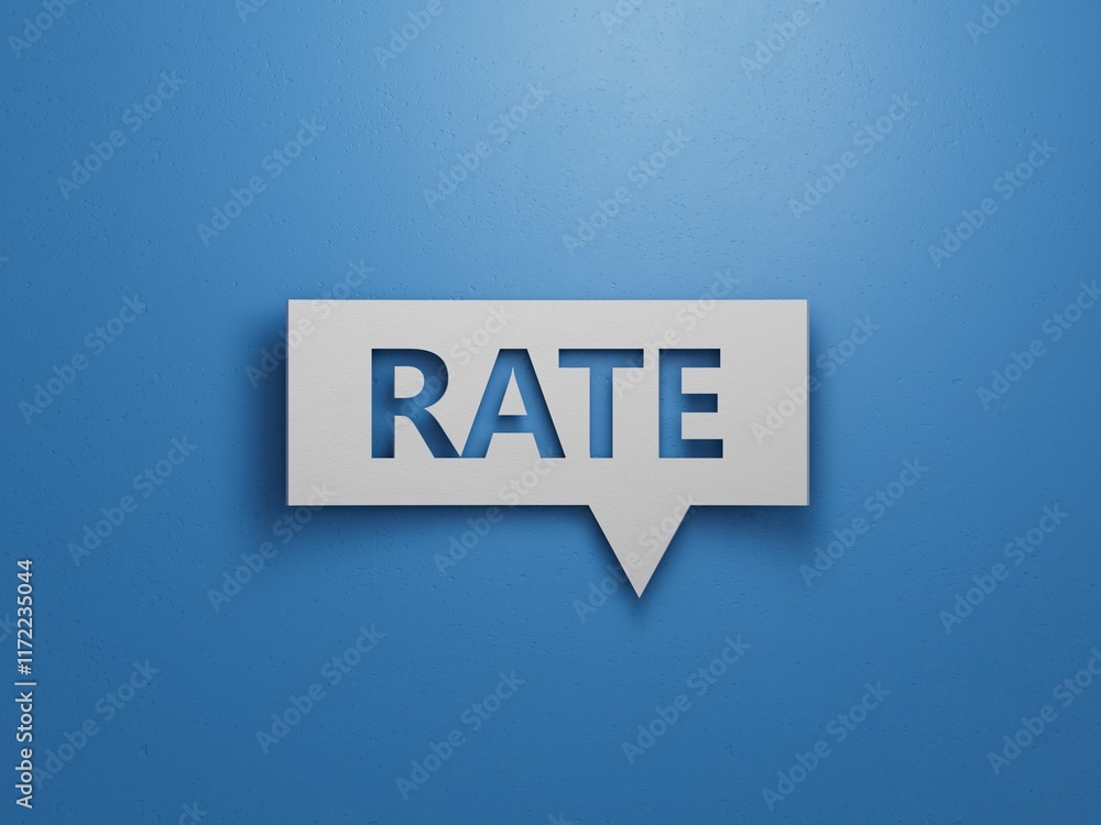 Poster rate word written in speech bubble on notebook with pen.minimalist abstract design with white cut ou