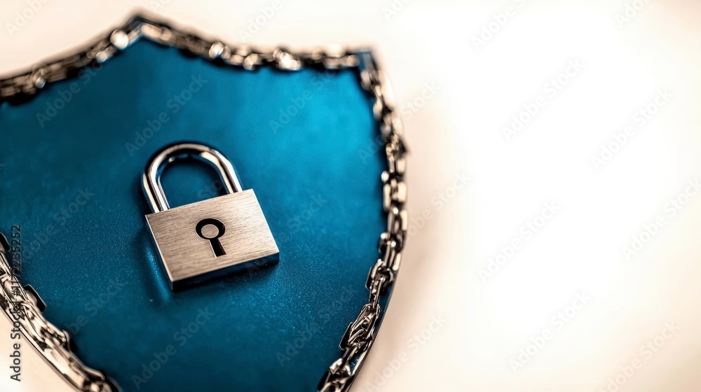 Poster secure data protection concept padlock on blue shield with chain