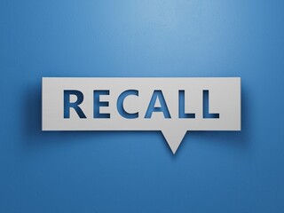 Recall written on cubes on wooden background.Minimalist Abstract Design With White Cut Out Paper.3D rendering on blue background.