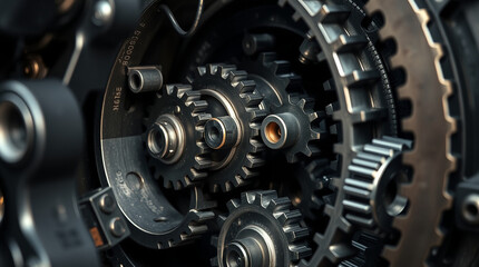 Detailed perspective showcasing industrial interlocking gears, illustrating precision engineering and mechanical functionality in a robust industrial machine's metallic components.